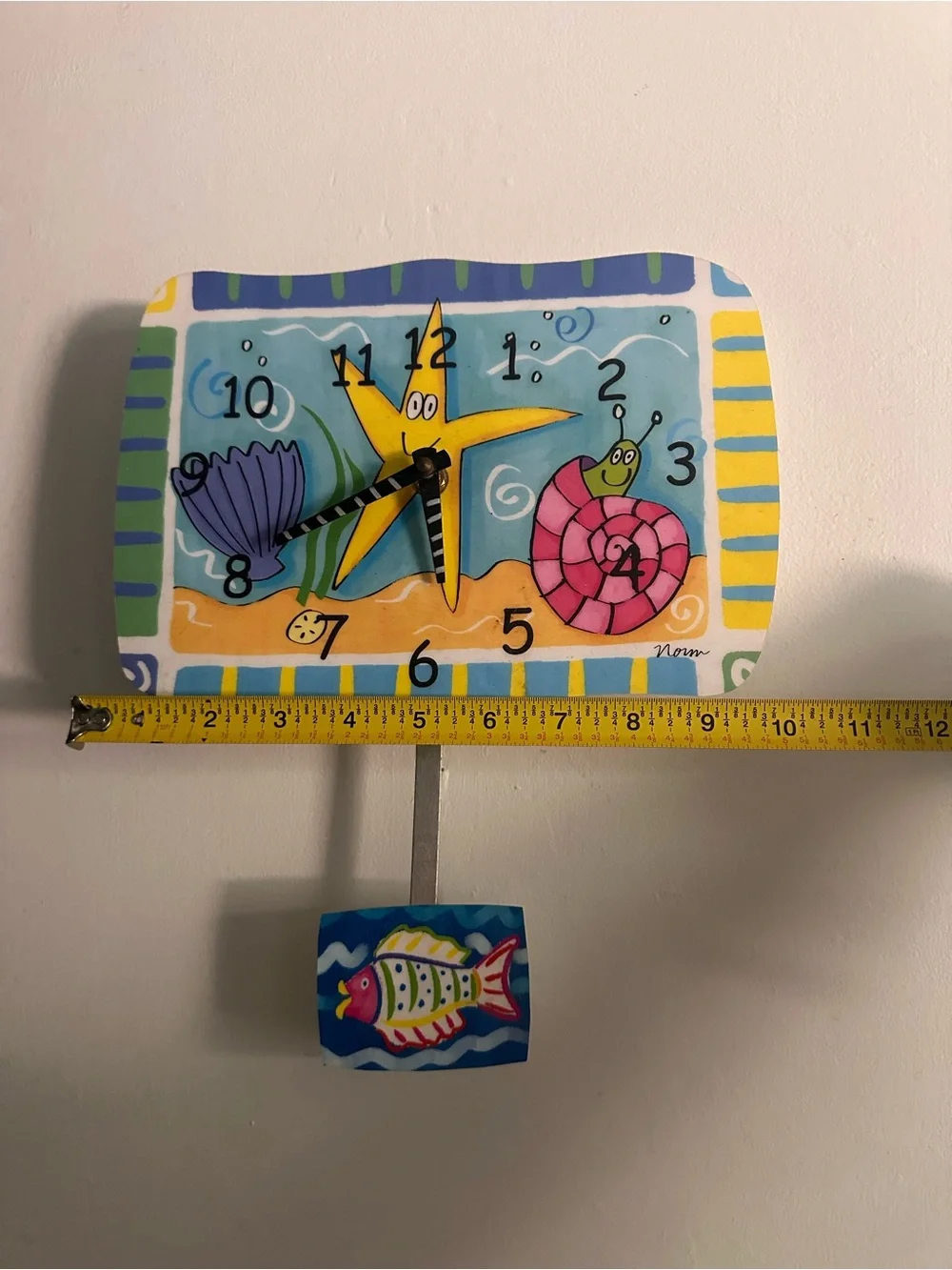 Hand Crafted & Signed Yellow Starfish Pink & blue Shell Coastal Wall Clock